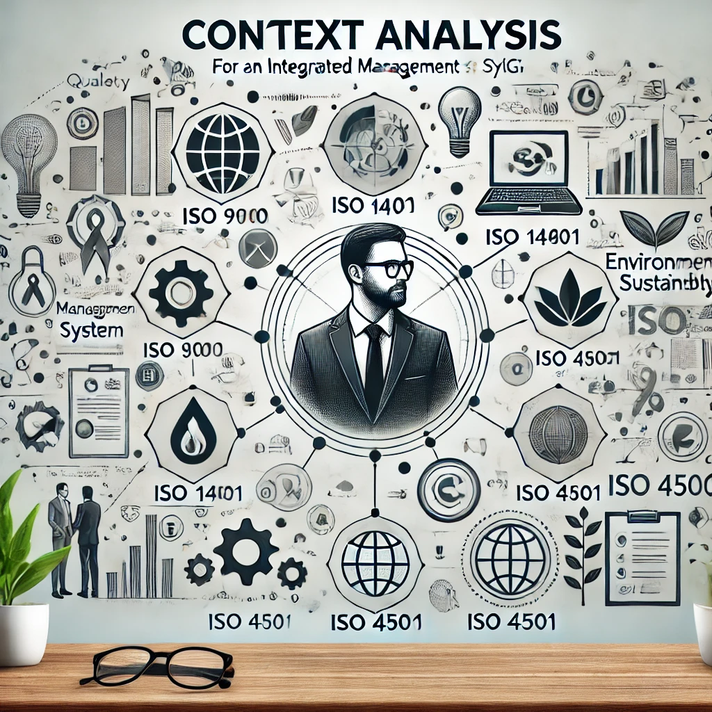 Ilustración que representa el análisis del contexto para un Sistema Integrado de Gestión (SIG) que incluye ISO 9001, ISO 14001 e ISO 45001. La imagen muestra elementos interconectados de gestión de calidad, sostenibilidad ambiental y seguridad y salud en el trabajo dentro de un marco corporativo, utilizando iconos de colaboración, equilibrio y cumplimiento normativo.