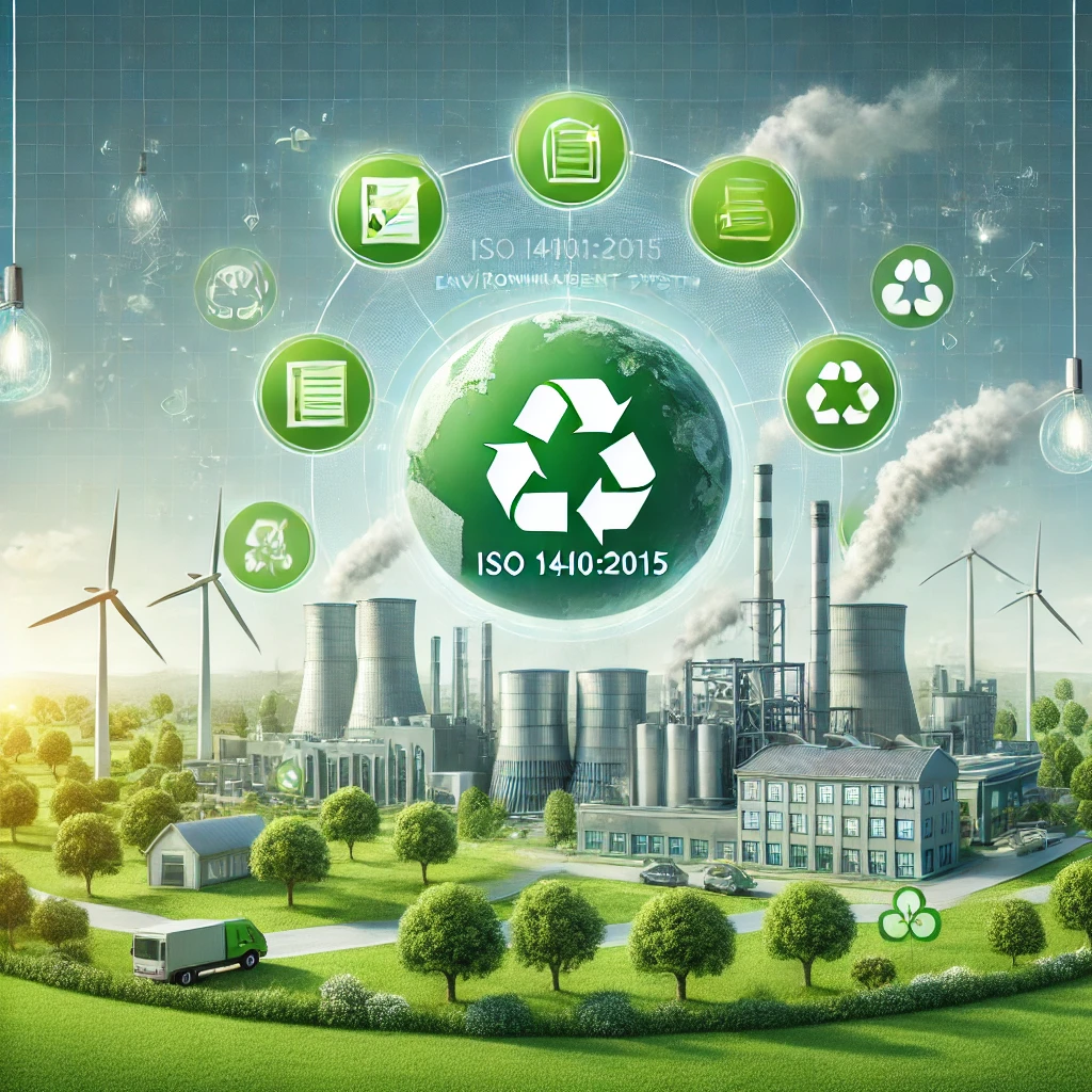 ISO 14001:2015 Gestión Ambiental - Imagen representativa con energías renovables, turbinas eólicas, paneles solares y una fábrica ecoamigable. Destaca conceptos de sostenibilidad, reciclaje y cumplimiento normativo. Ideal para sitios web relacionados con sistemas de gestión ambiental, certificaciones ISO y sostenibilidad empresarial