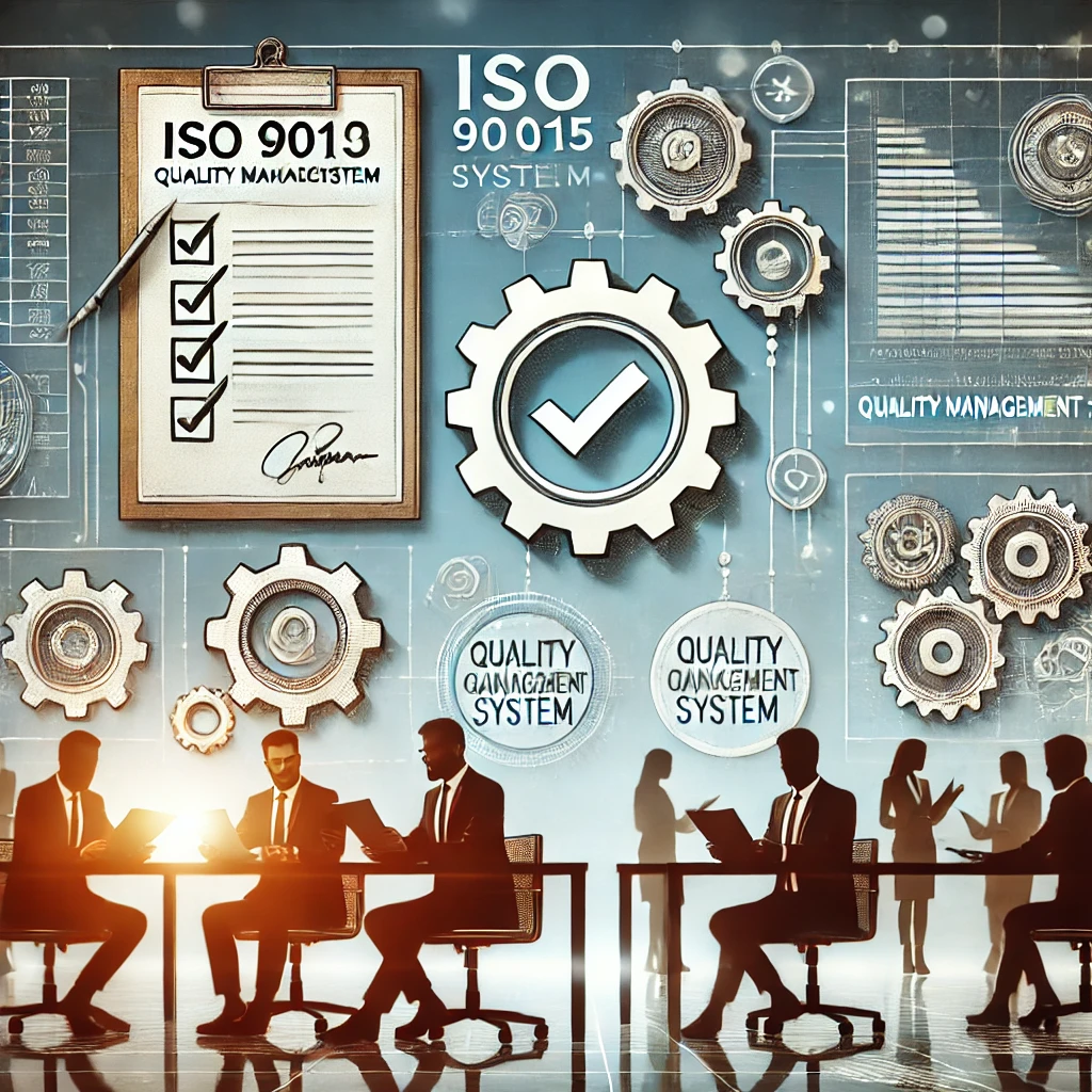 ISO 9001:2015 Gestión de Calidad - Representación de un espacio de trabajo profesional con expertos analizando datos y controlando la calidad, junto con símbolos de lista de verificación, sello de calidad y engranajes para destacar procesos sistemáticos y estándares de excelencia