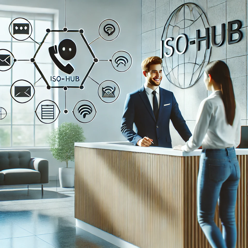 "Recepción moderna de oficina atención con cliente en ISO-HUB, transmitiendo profesionalismo y accesibilidad en la comunicación.