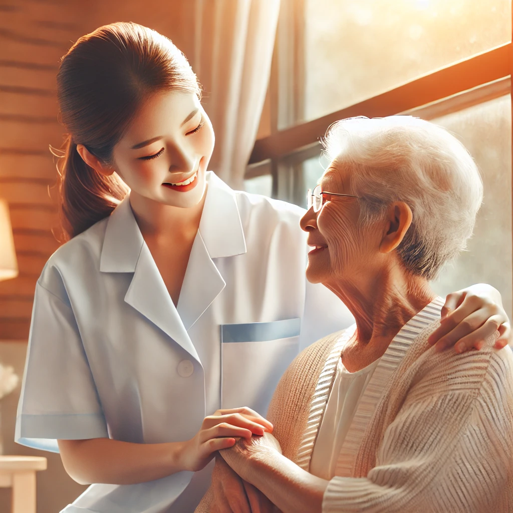 Fotografía de un cuidador asistiendo a una persona mayor en un entorno cálido y confortable, reflejando calidad y dignidad en el cuidado.