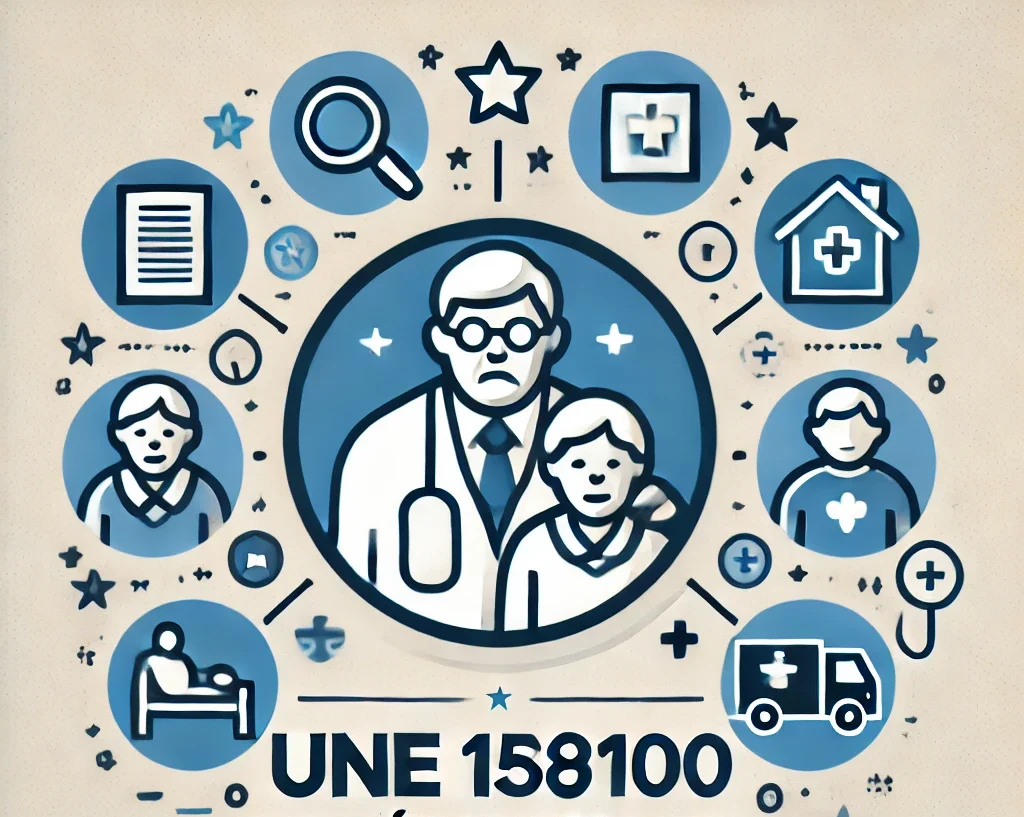 Diseño digital representando la familia de normas UNE 158100 sobre gestión de servicios de atención a la dependencia, con iconos de asistencia social y cuidado de personas mayores.
